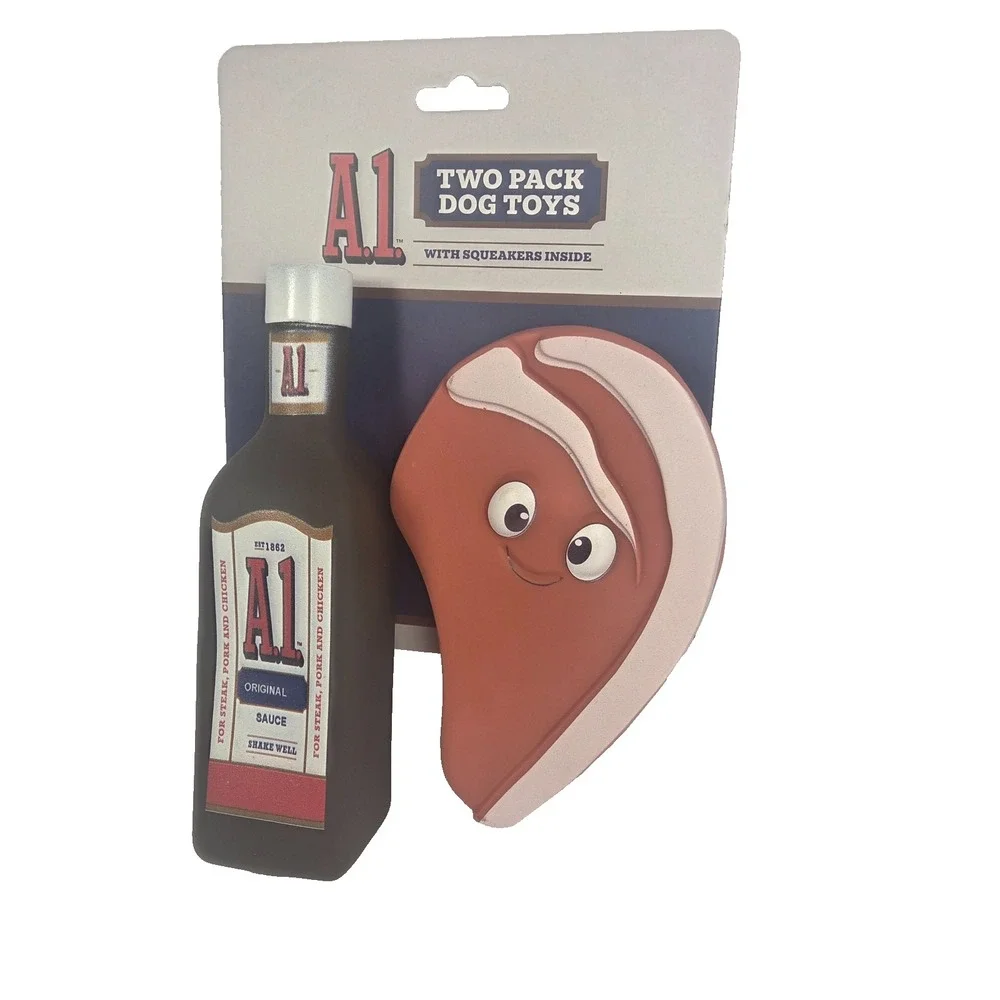 A.1. Steak Sauce Bottle Steak 2 Pack Squeaky Dog Toys Pet Chew Toys New
